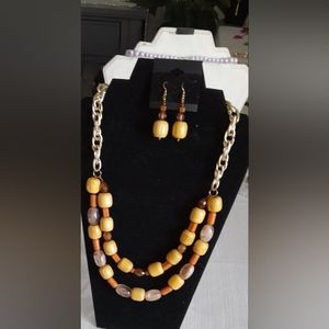Wooden beaded necklace and earrings set on gold chain